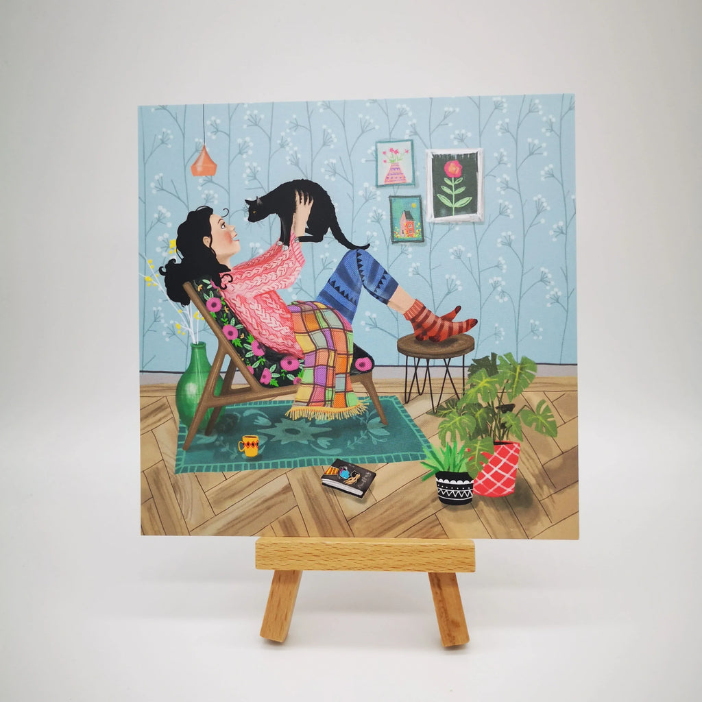 Farbenfrohe Katzen-Postkarte "Happy Place", 13,5 x 13,5 cm Sir Mittens