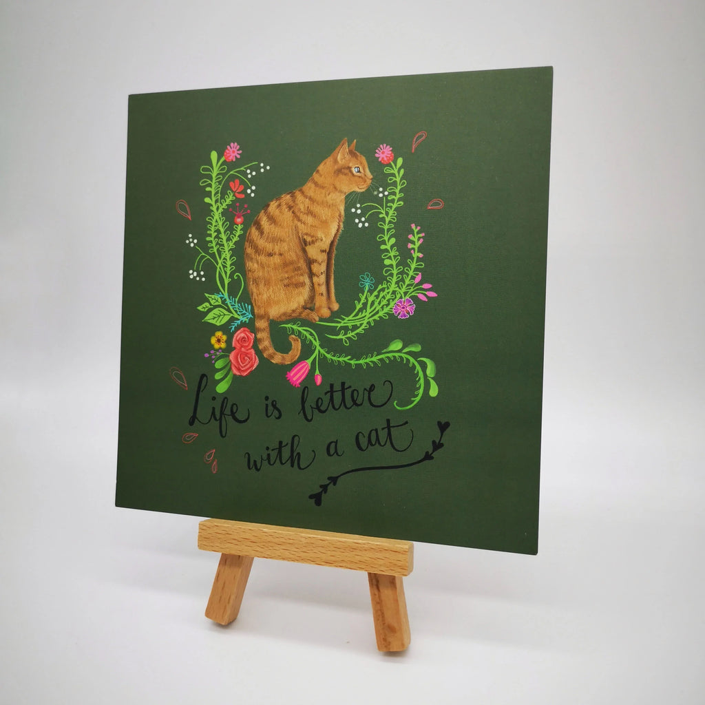 Farbenfrohe Postkarte "Life is better with a cat", 13,5 x 13,5 cm Sir Mittens