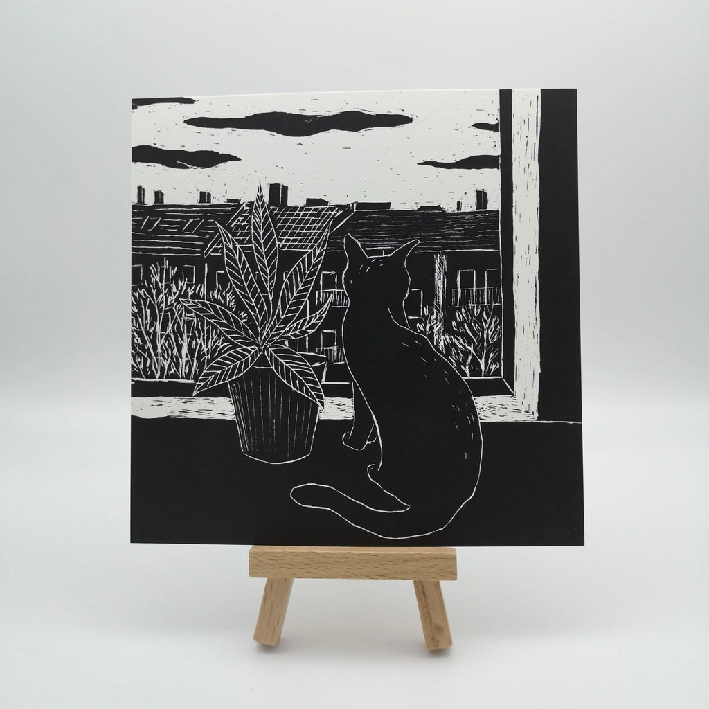 Illustrierte Postkarte "Katze am Fenster" auf Naturpapier, 14,8 x 14,8 cm Sir Mittens