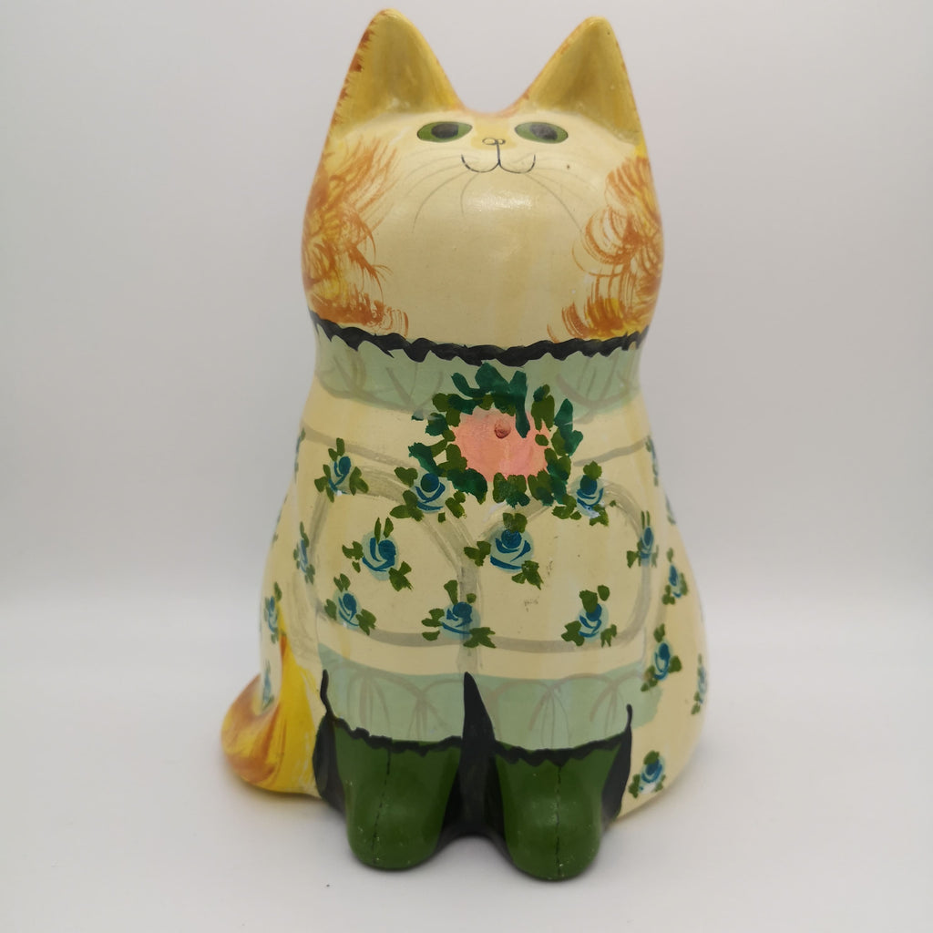Spardose in Form einer Katze im Blumenkleid aus Keramik