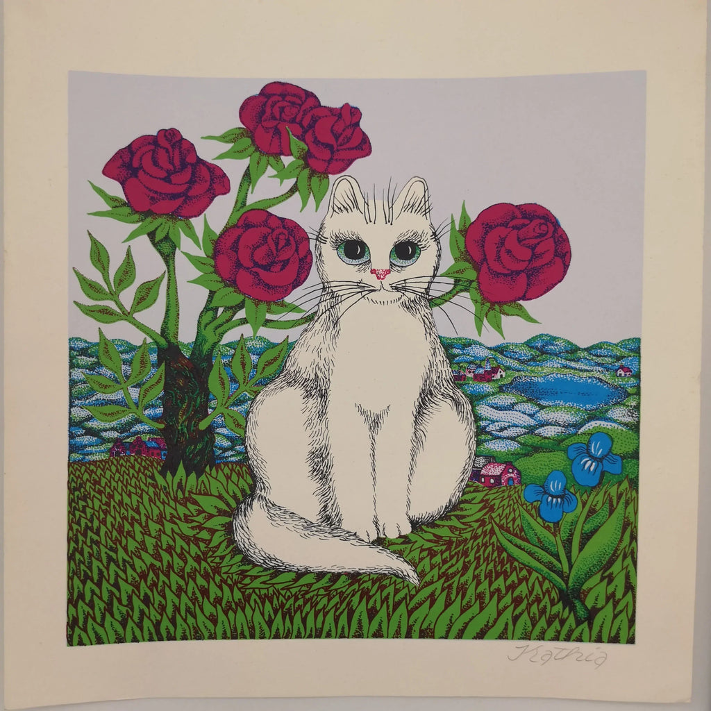Kunstdruck "Weiße Katze mit roten Rosen" von Kathia Berger, signiert Sir Mittens