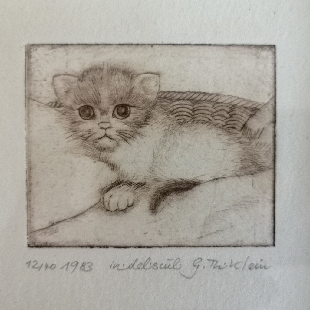 Original-Radierung "Babykatze im Körbchen", limitierte Auflage Sir Mittens
