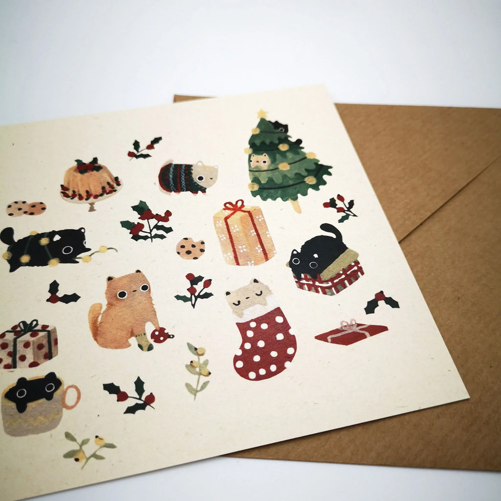 Postkarte "Christmas Cats", Birkenholz-Naturkarton Sir Mittens