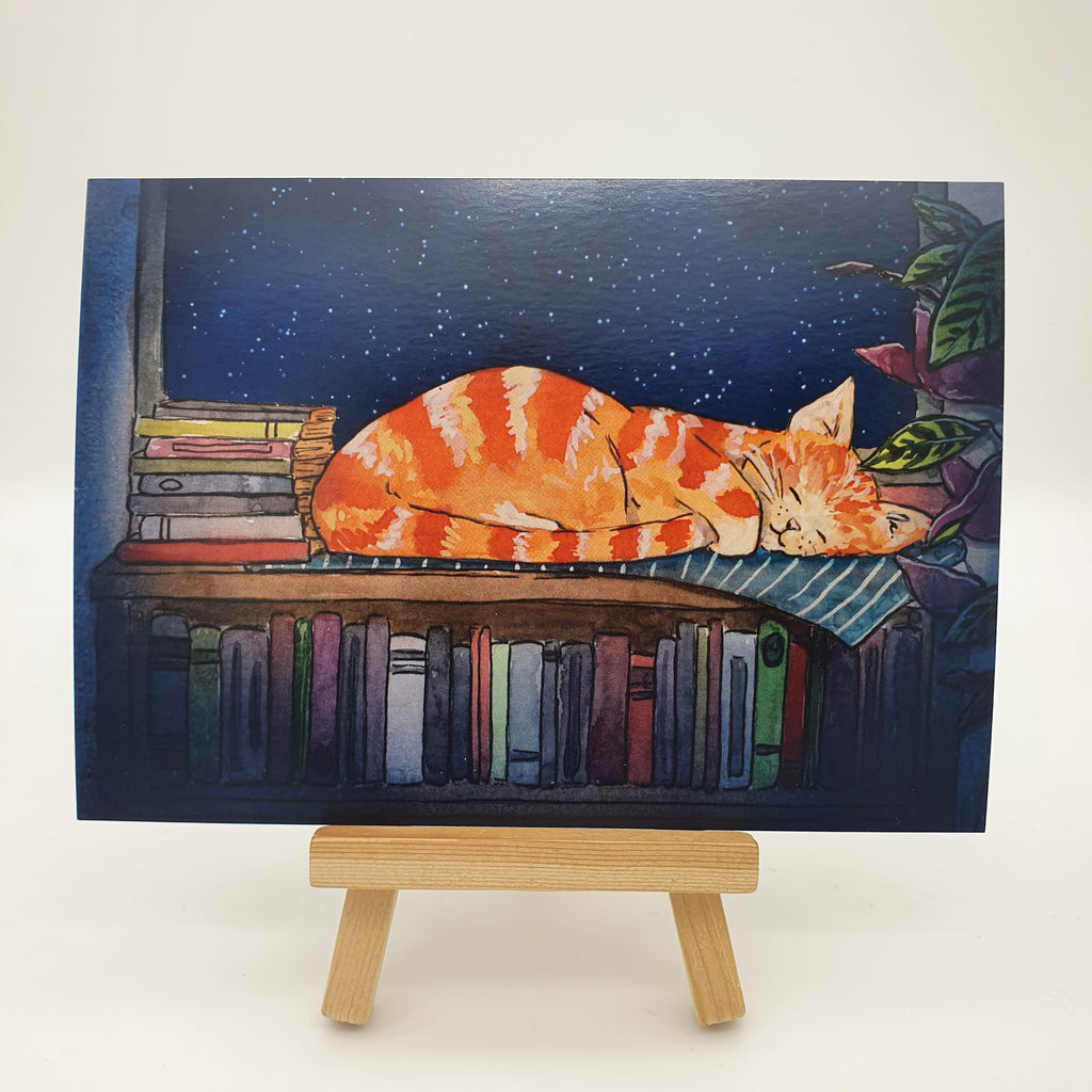 Postkarte "Schlafende Katze zwischen Büchern" Sir Mittens