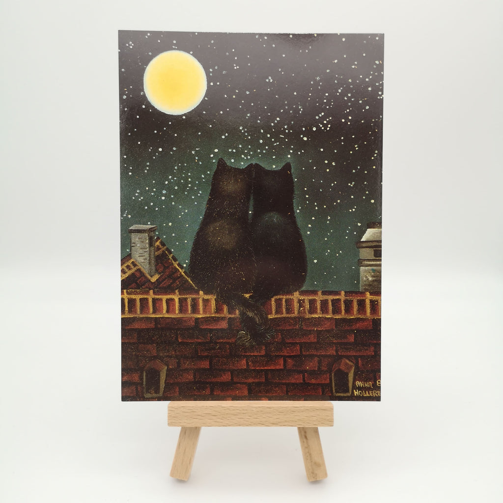 Postkarte mit zwei schwarzen Katzen, die den Sternenhimmel betrachten