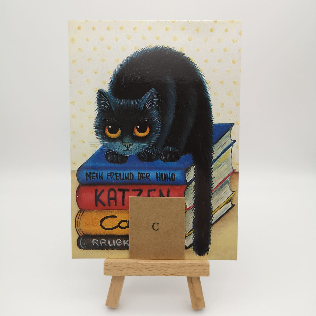 Postkarte mit einer schwarzen Katze auf einem Bücherstapel