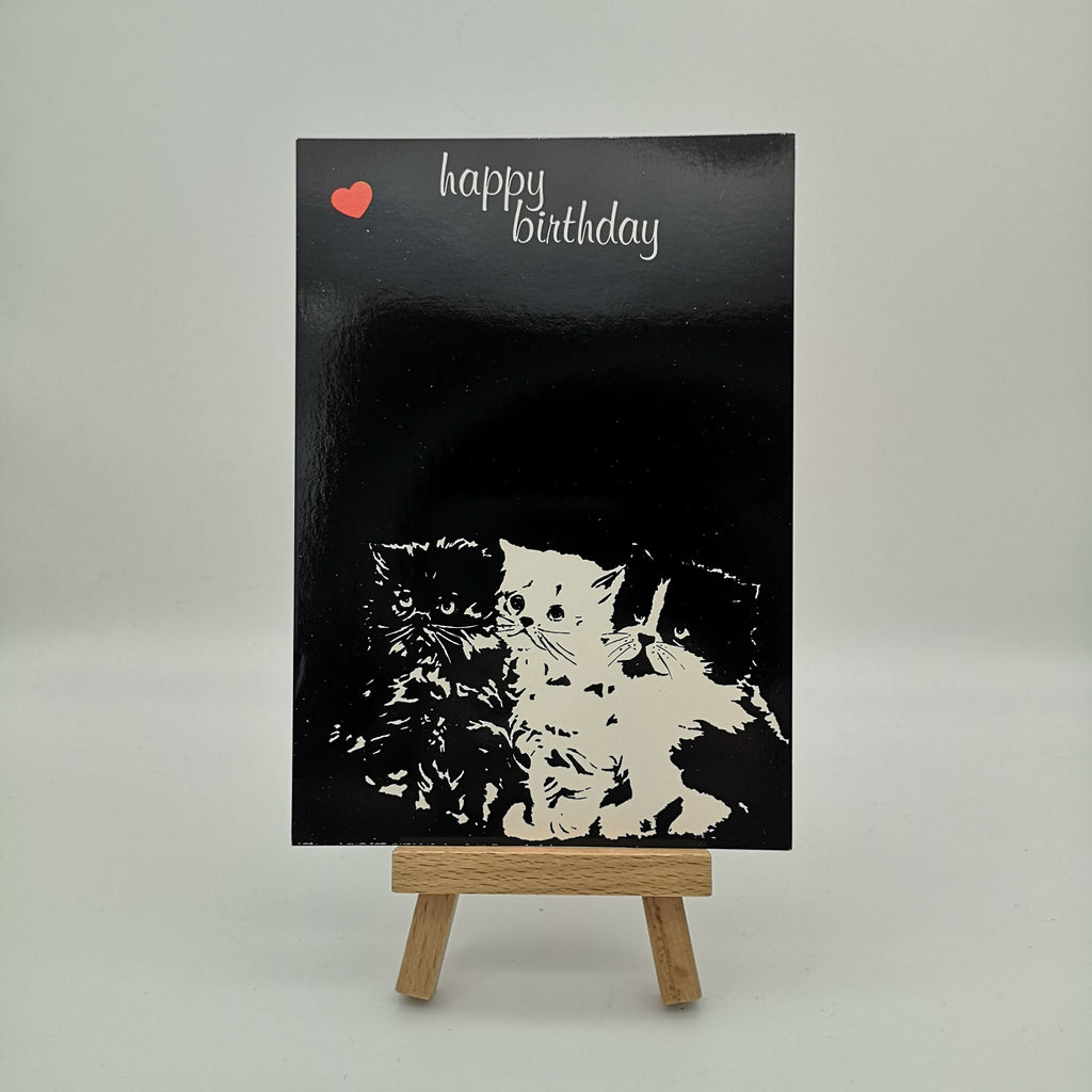 Schwarz-weiße Postkarte mit einer Katze und der Aufschrift Happy birthday
