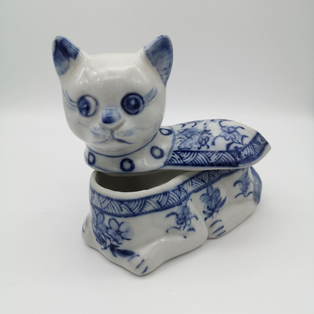 Blau-weiße Schmuckdose in Form einer Katze
