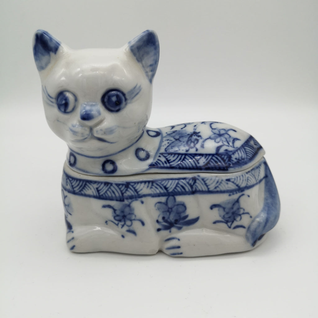 Blau-weiße Schmuckdose in Form einer Katze