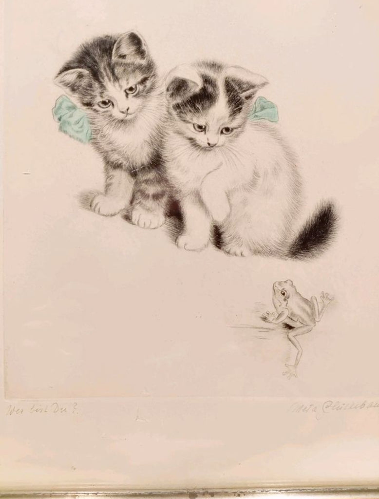 Bild zweier Katzen mit Schleife, die einen Frosch anschauen