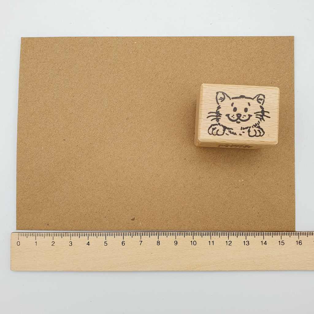 Stempel mit dem Motiv einer lächelnden Katze auf einem braunen Briefumschlag mit Lineal