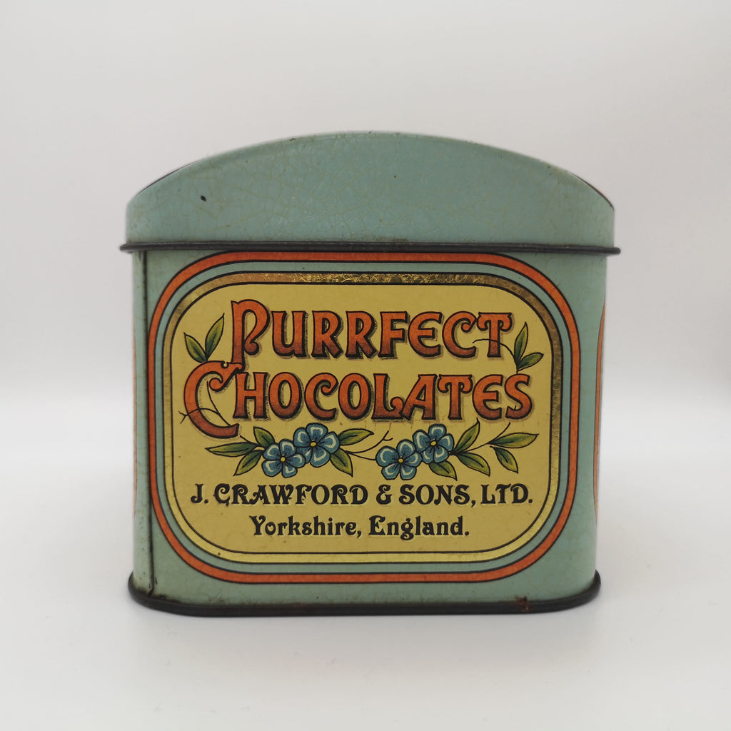 Vintage-Blechdose mit Katzenmotiven und dem Schriftzug Purrfect Chocolates