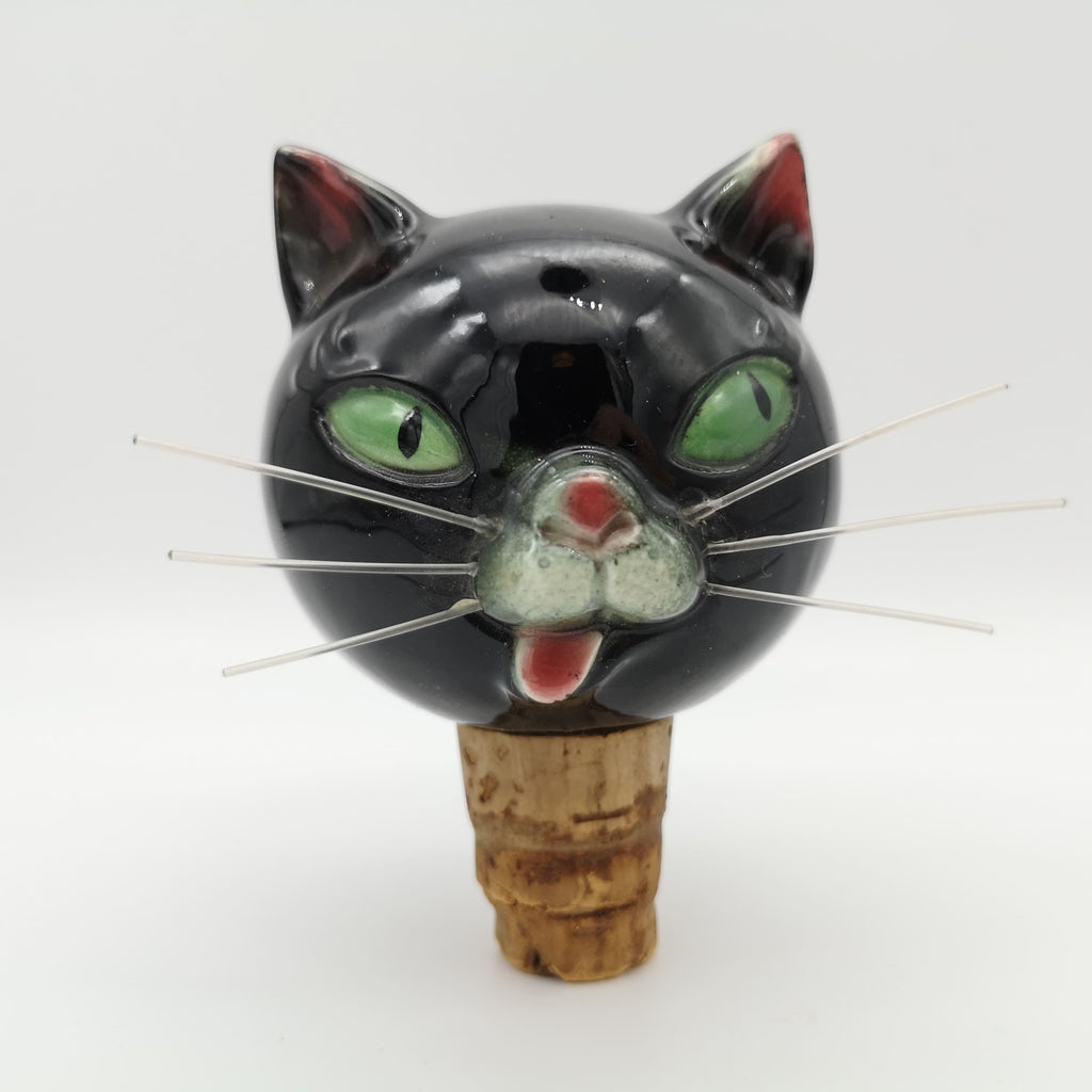 Zierkorken in Form eines Katzenkopfes aus Keramik mit Plastik-Schnurrhaaren